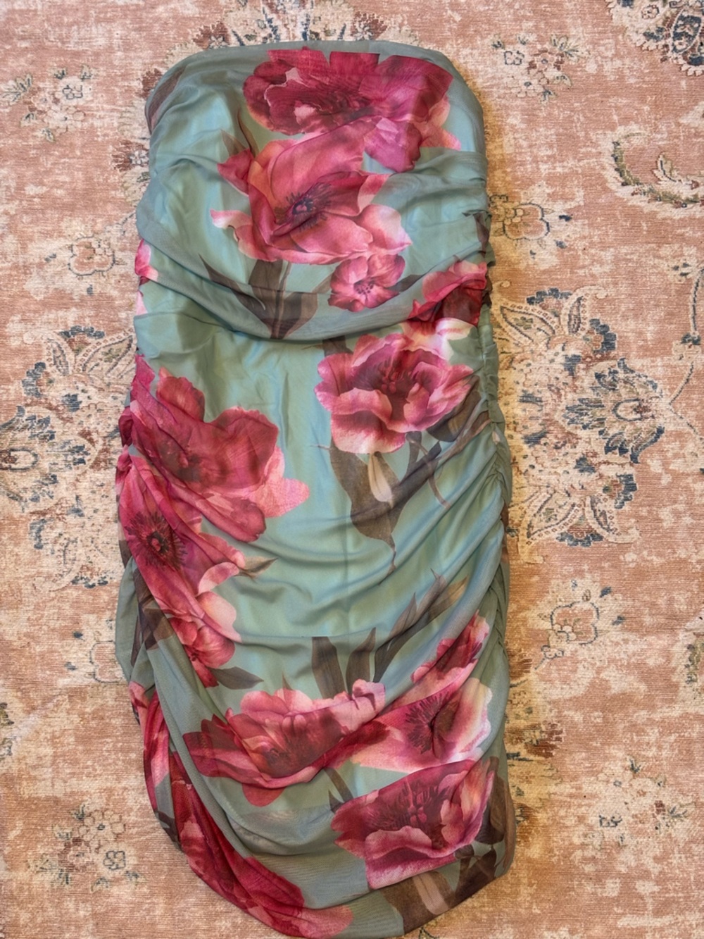 Floral Pink Rose Print Strapless Dress on Sage Background